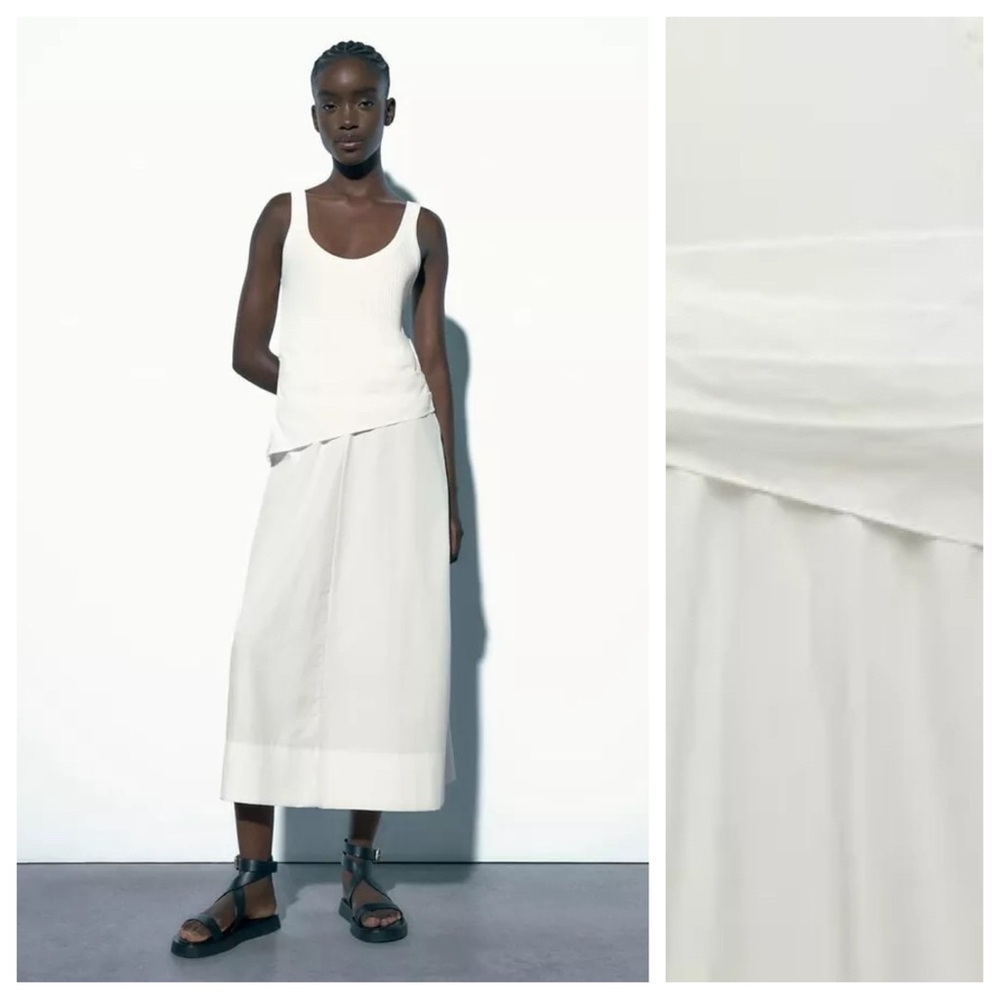 NWT. Zara Oyster White Cotton Blend Combination Ribbed Midi Dress. Size M.